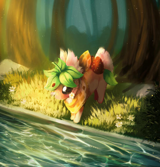 A 4-legged small creature with a strawberry theme, large eyes, and a ladybug on its head, standing over a lake in a forest.